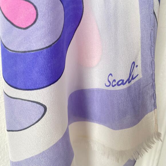 VTG Deco Abstract Floral Rectangle Silk Scarf 70s Signed Scali Pink Raw Edge - Picture 5 of 6